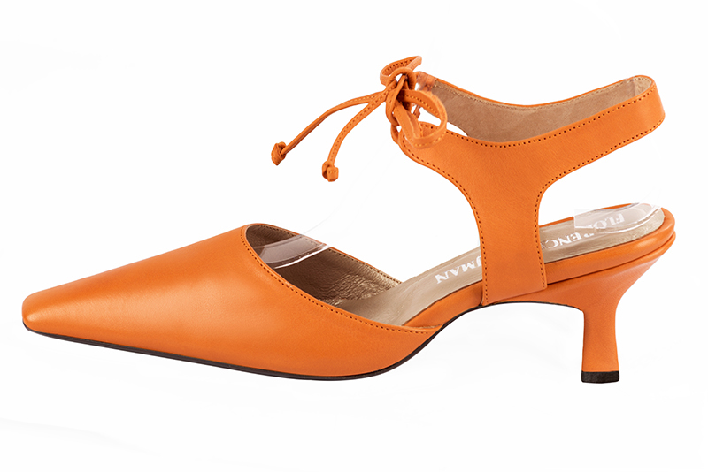 Apricot orange women's open back shoes, with an instep strap. Tapered toe. Medium spool heels. Profile view - Florence KOOIJMAN